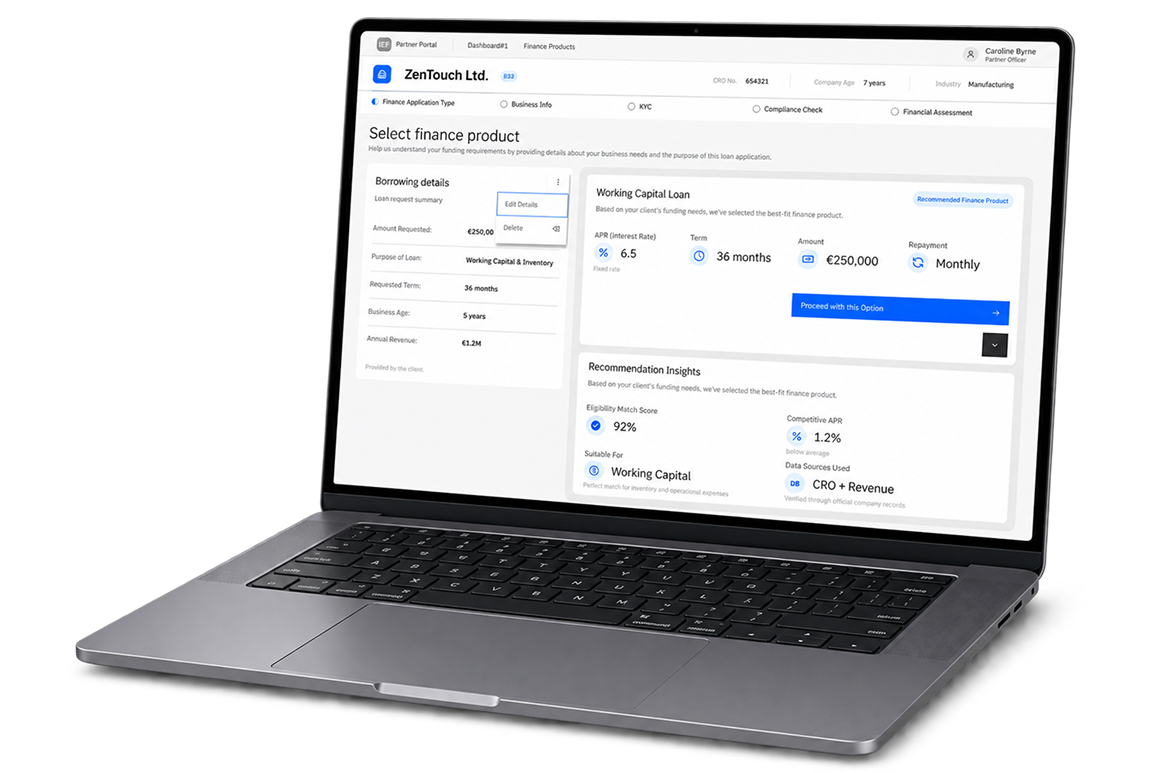 IEFinance loan application displayed on a laptop