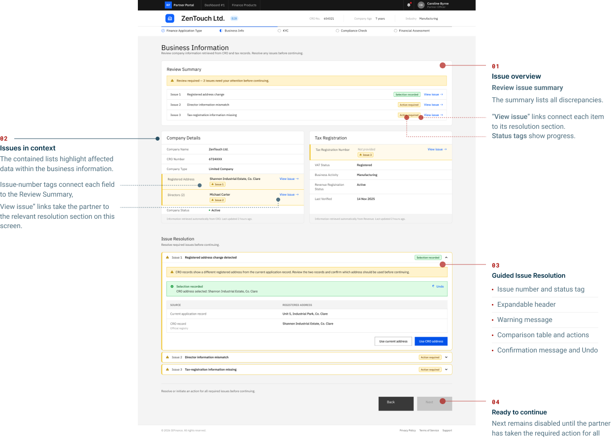 Improved Version B — discrepancy-resolution workflow, showing the review summary, highlighted fields and guided issue resolution